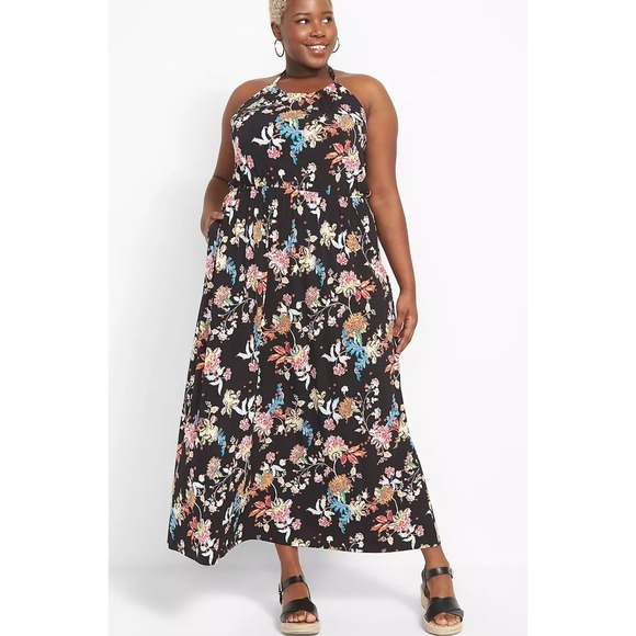Lane Bryant Black Halter Tie-Neck‎ Floral Maxi Dress Size 18/20 Boho Beach NEW - Picture 1 of 15